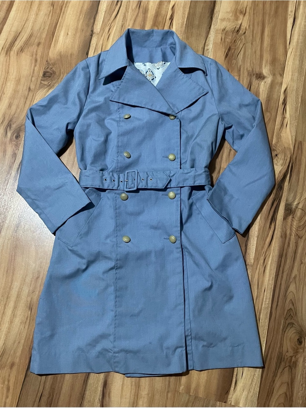Vintage 70s Dutchmaid Blue Trench Coat Double Breasted Belted/Buttons Sz 32